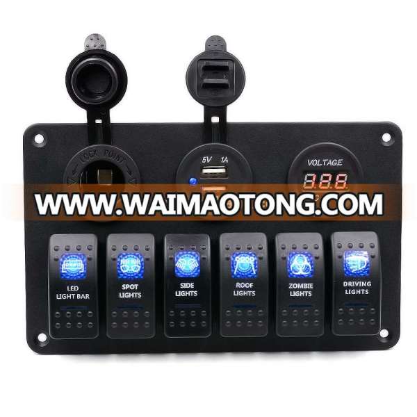 6 Gang waterproof Car Auto Boat Marine Switch Panel With Voltmeter Dual USB Blue LED Light 5 pin On/Off Rocker Switch